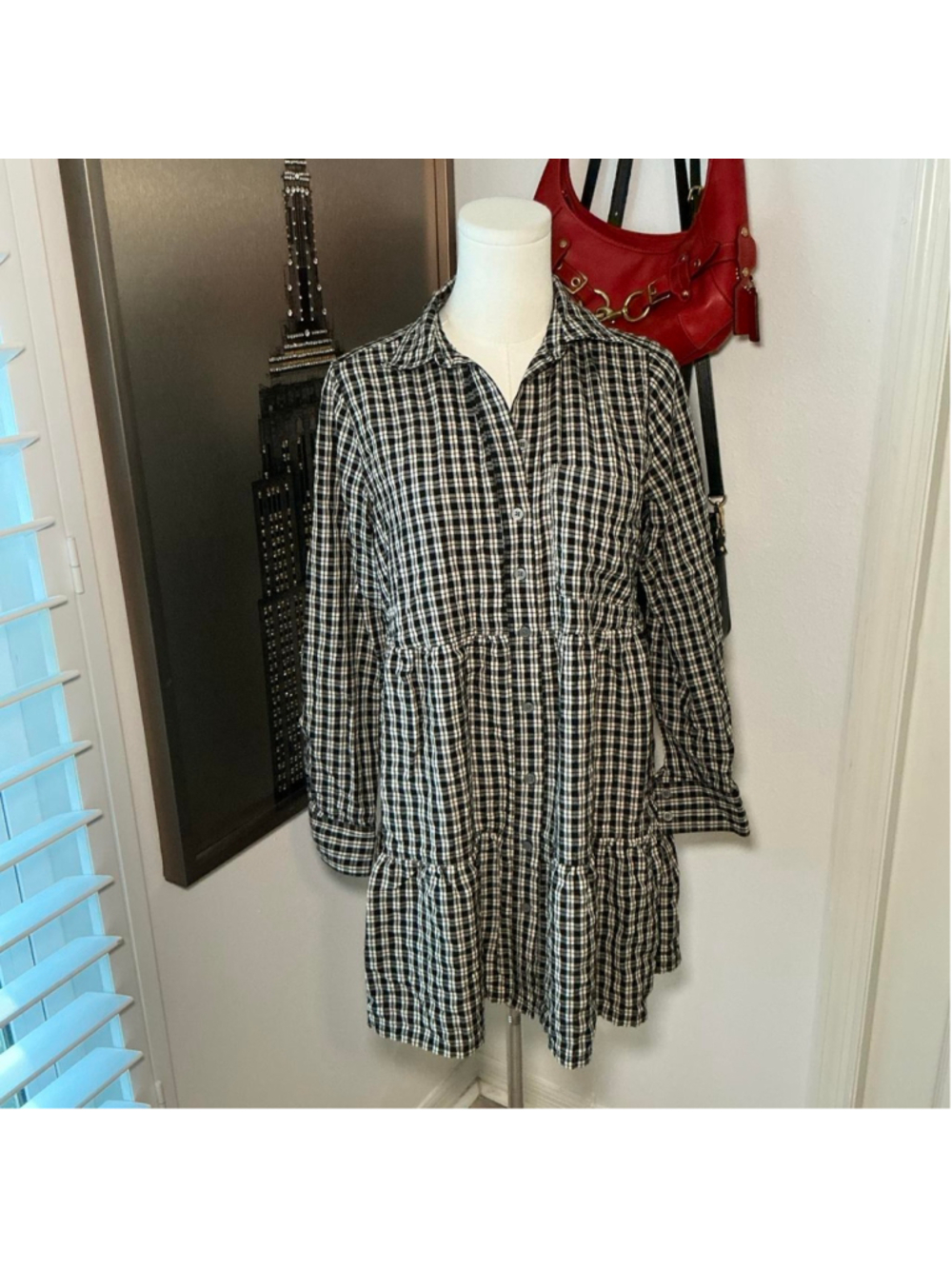 LOFT Black Cream Plaid Tiered Button Front Shirt Dress Size Small